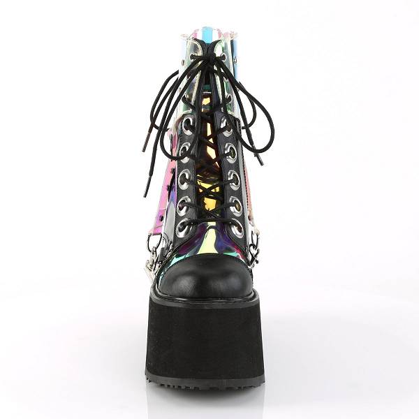 Demonia Women's Swing-115 Platform Boots - Black Vegan Leather/Patent/Magic Mirror Faux Leather D1967-03US Clearance